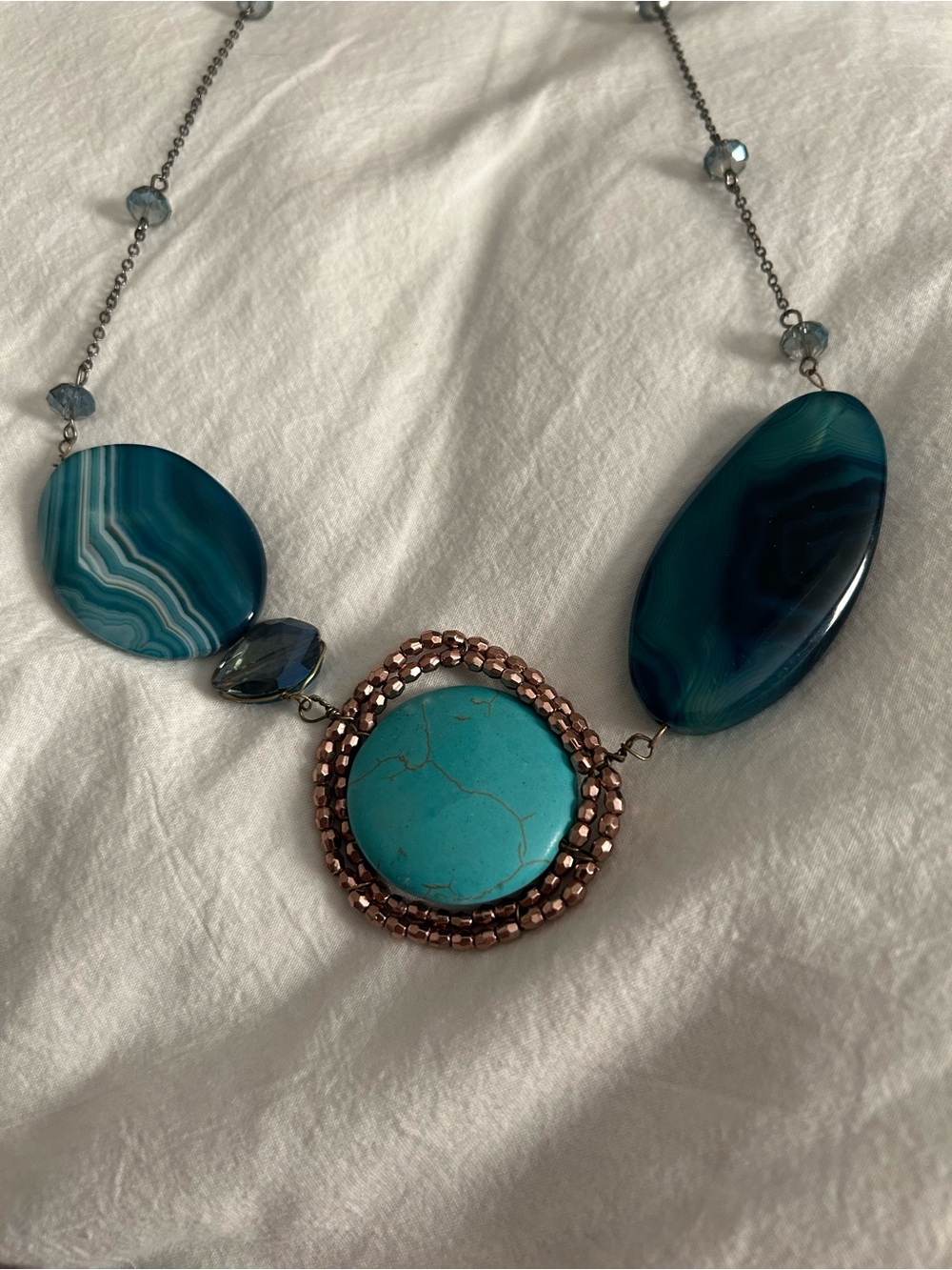 Turquoise Accent Statement Necklace with Teal/Blue Agate like Stones
